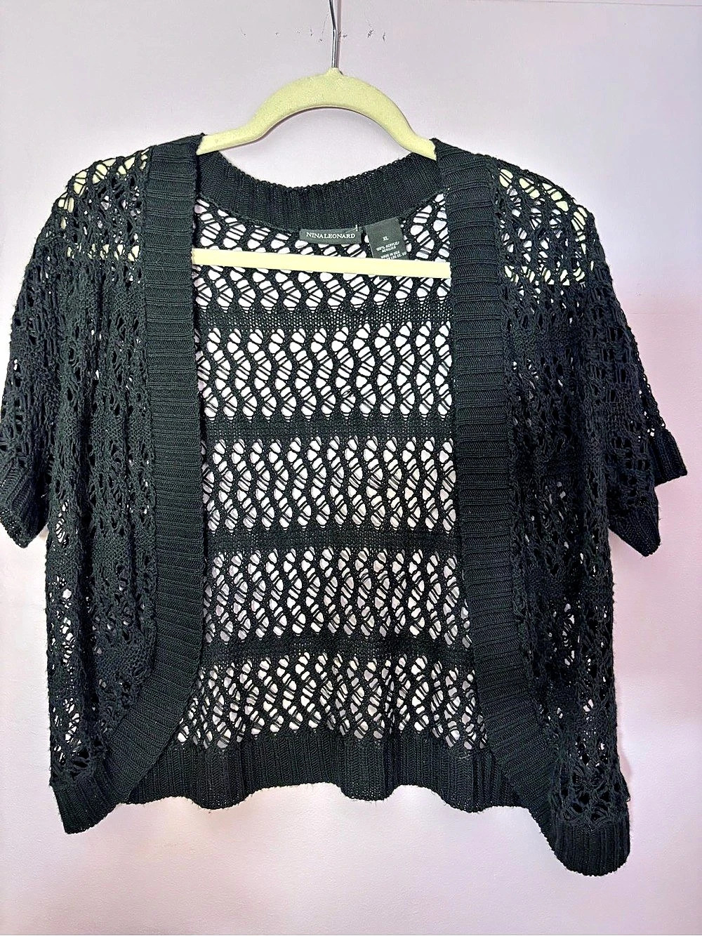 Nina Leonard Open Front Crochet Cardigan Black XL